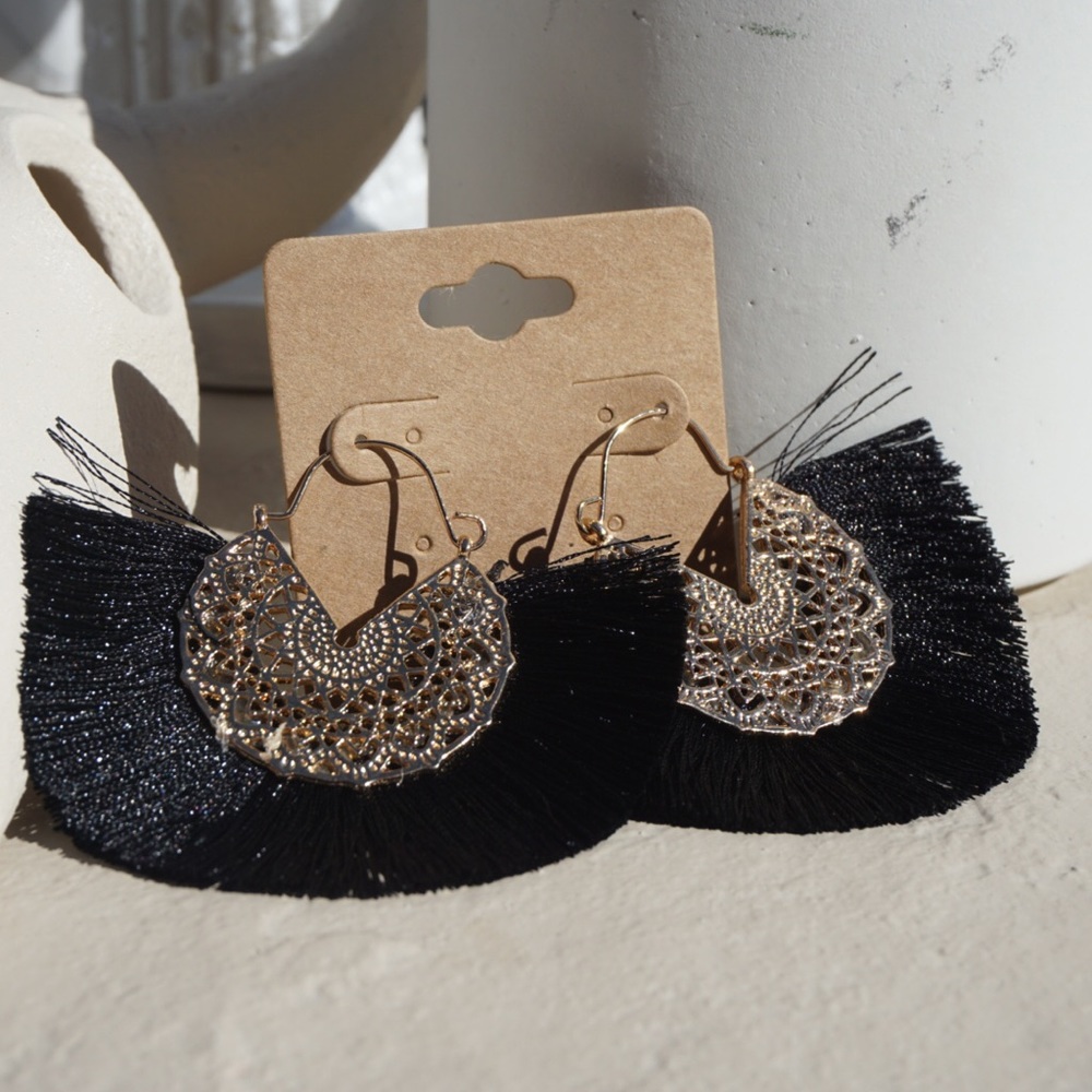 Fanned Out Black Tassel Earrings